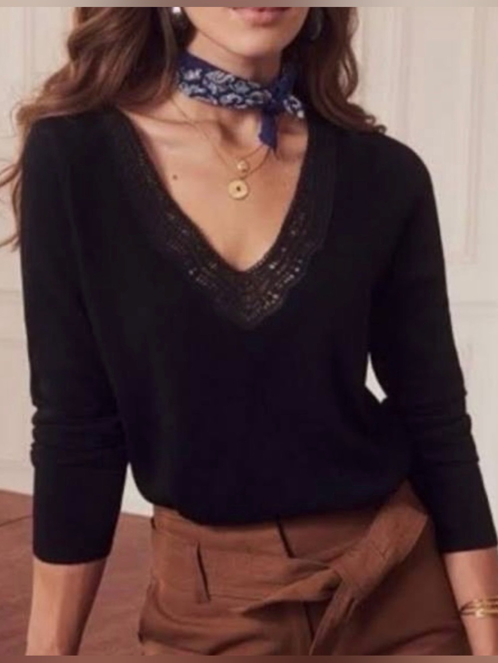 Sezane Black Janelle Wool Cashmere V-Neck Lace-Trim Sweater Preppy Classic Small